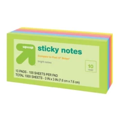 Up & Up Sticky Notes 10pk 100ct Per Pack - Up&up™: 3x3 Inch Multicolor, Uncoated Paper, Office Supplies, Glue Binding